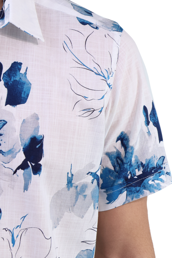 Camisa Estampado Floral Azul Manga Corta De Algodón Para Hombre